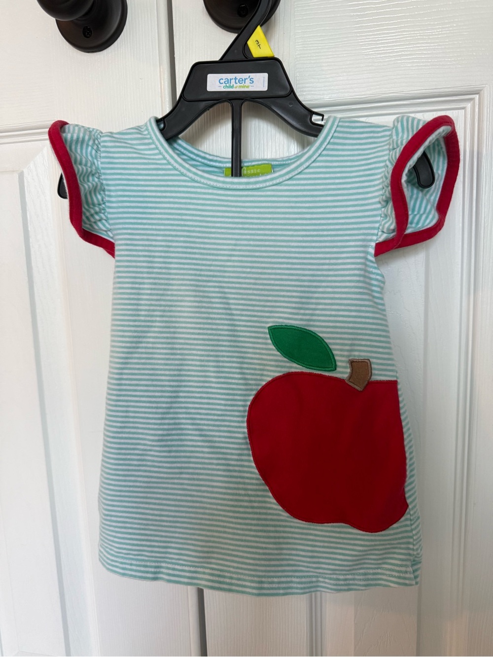 Mint Stripe Short-Sleeve Tee with Red Apple